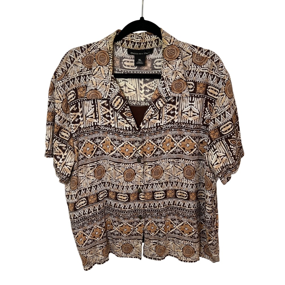 Tribal Aztec Print Shirt Brown Boho Camp Earthy Retro Casual Summer Top XL